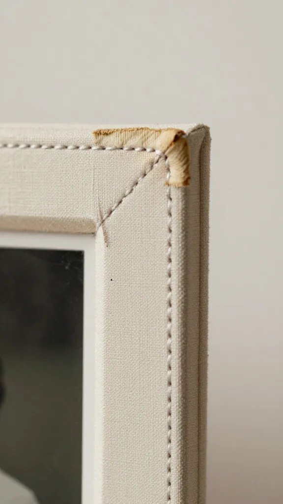 macro detail of a memory photo corner with worn edge and stitching on a fabric frame, neutral background, gentle light