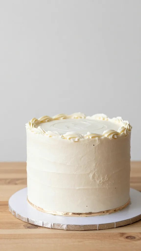 closeup of a decorative anniversary cake with metallic accents on frosting, wooden table, natural soft light, shallow depth of field, clean neutral background
