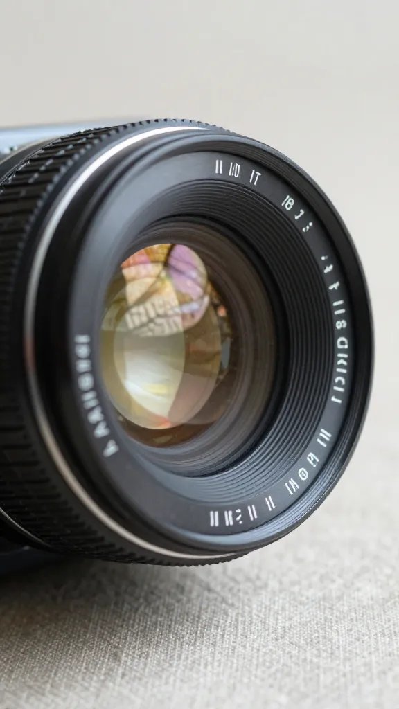 macro detail of a vintage camera lens sitting on fabric backdrop