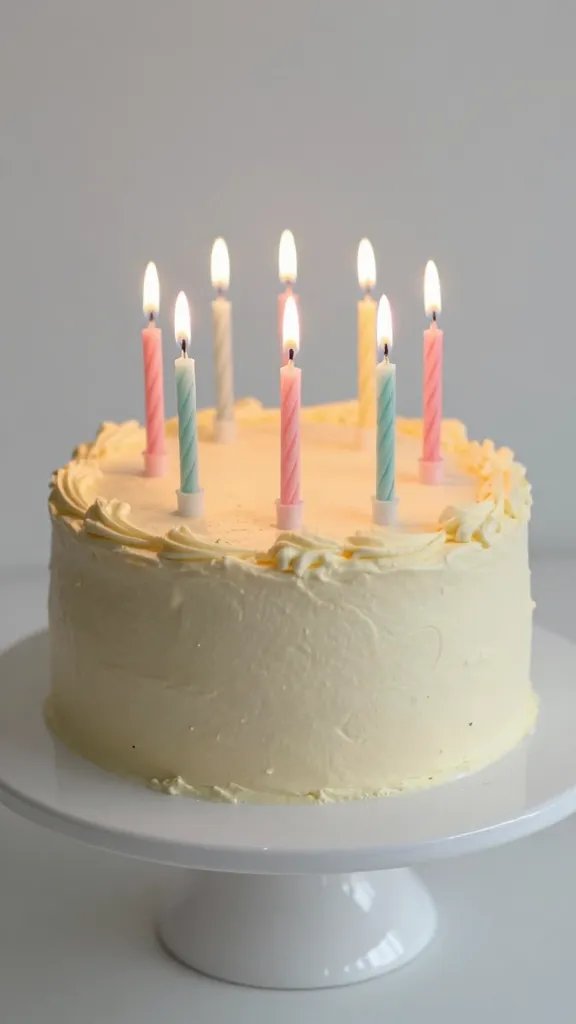 Closeup of a simple cake with candles on a white cake stand