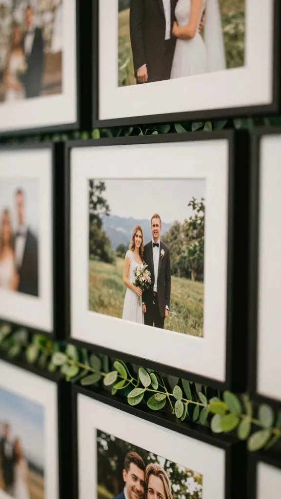 Macro detail of a photo display with framed memories and greenery