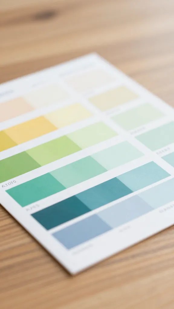 closeup of a color palette swatchs card on a wooden table, natural soft light, shallow depth of field, clean neutral background