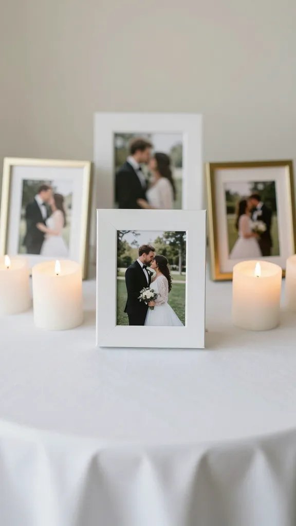 overhead shot of a centerpiece with framed photos and candles on a white tablecloth, natural soft light, shallow depth of field, clean neutral background