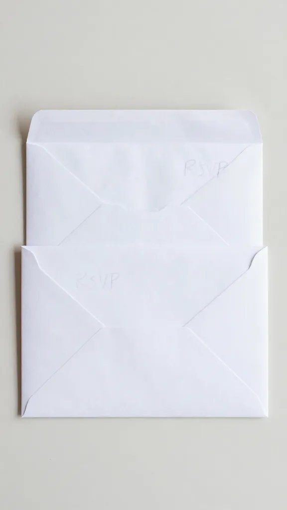 Overhead top-down view of a neatly arranged RSVP envelope with a handwritten address, natural soft light, shallow depth of field, clean neutral background