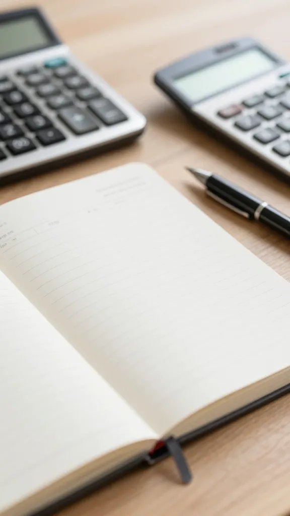 Closeup of a budget planner notebook with pens and calculator on wooden desk, natural soft light, shallow depth of field, clean neutral background