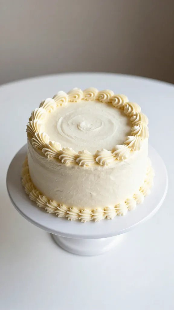 Overhead shot of a cake stand with a single, elegantly decorated cake, white tablecloth surface, natural soft light, shallow depth of field, clean neutral background