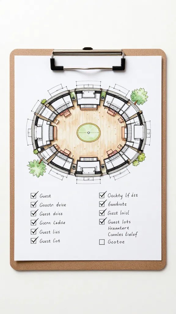 overhead top-down view of a venue plan sketch with checkmarks and guest list on a clipboard, clean desk background