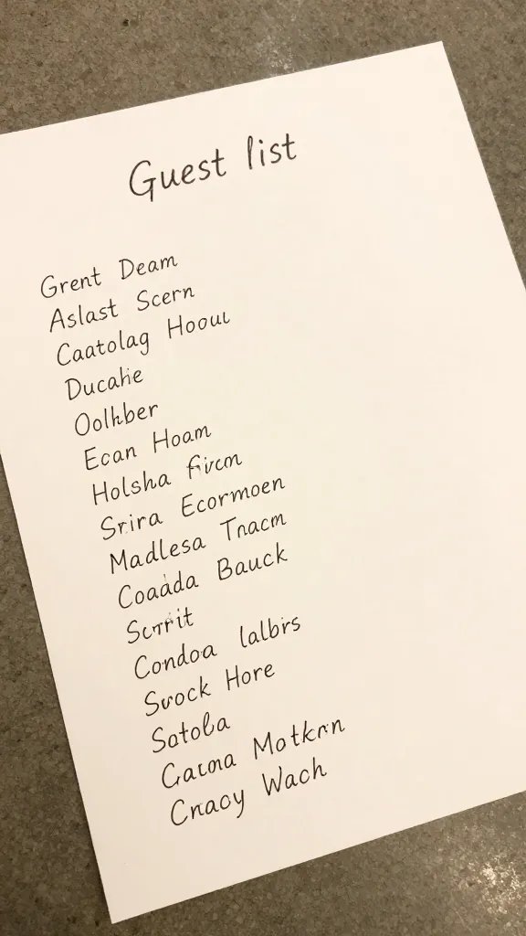 closeup of a guest list with handwritten names on pale paper, on textured desk