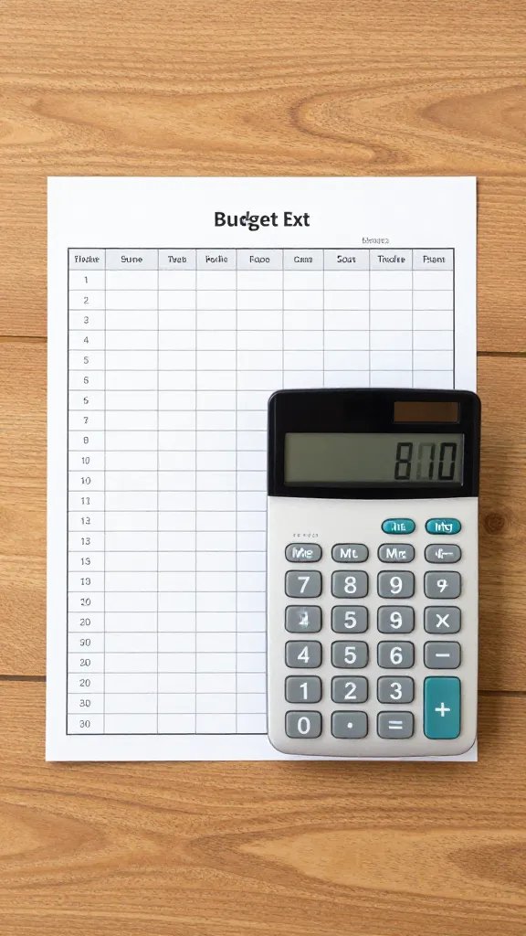 overhead top-down view of a budget tracker and calculator on a wooden table