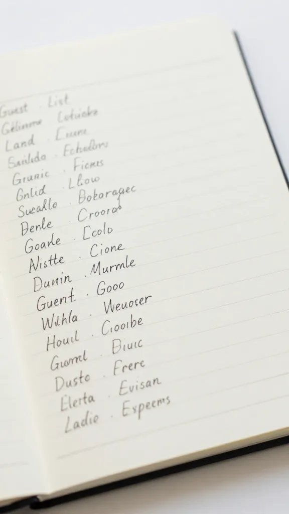 closeup of a guest list with handwritten names on notebook page, soft desk surface
