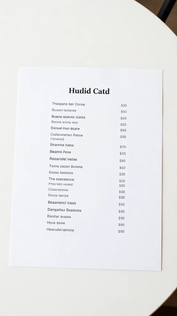 overhead top-down view of restaurant quotes and price range papers on a clean table