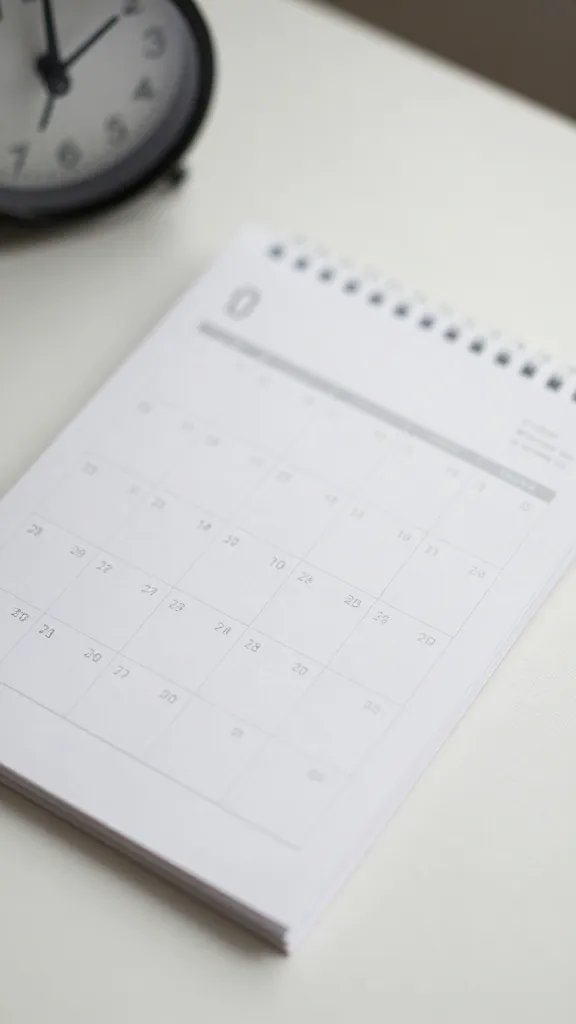 overhead top-down shot of a calendar page with a timer or clock visible, on a light desk, natural soft light, shallow depth of field, clean neutral background