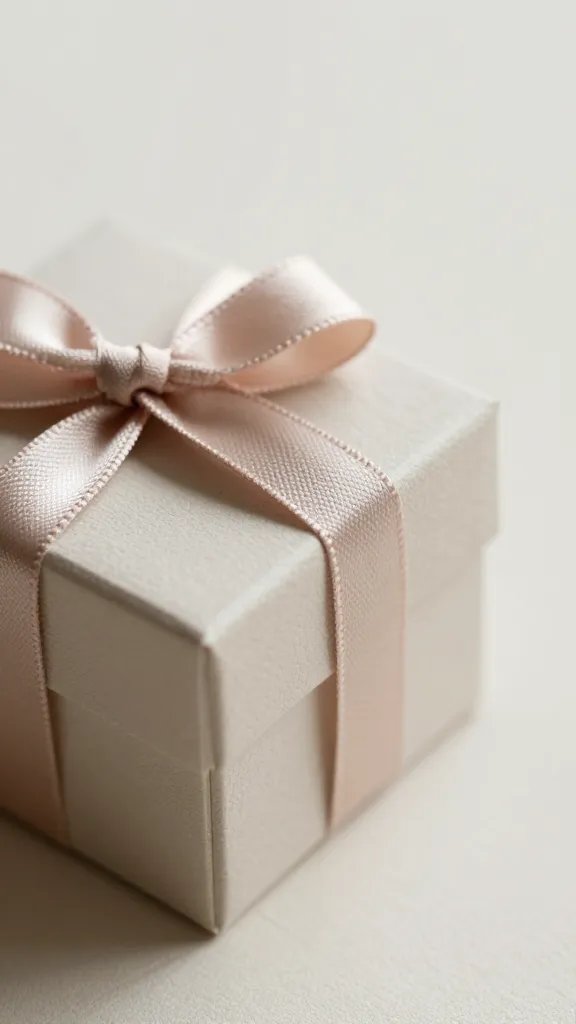 macro detail of a small keepsake box with a ribbon, neutral ceremony backdrop