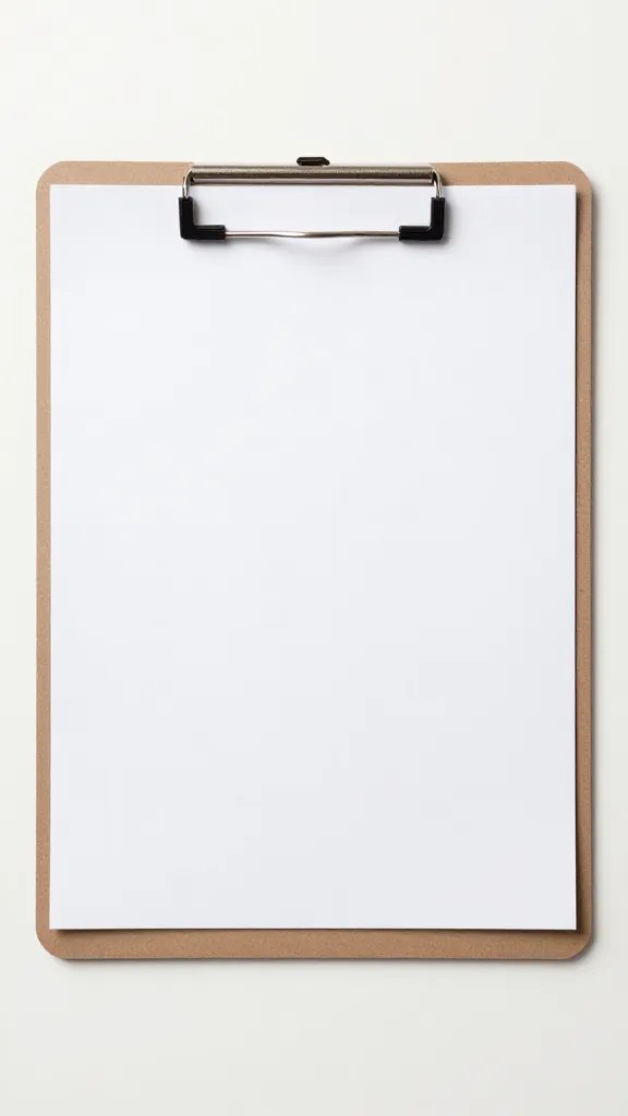 overhead top-down view of a co-hosts' clipboard with a simple itinerary, blank background