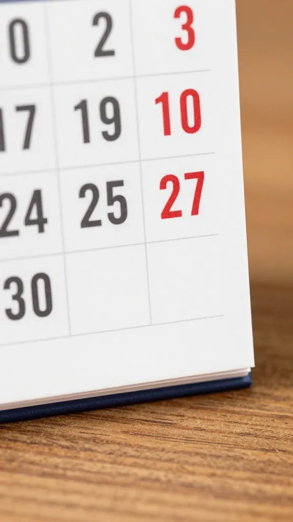Closeup of calendar blocks with bold dates on a wooden table