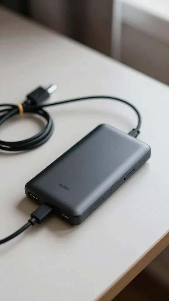 overhead shot of a compact power bank with cables tangled nearby on a hotel desk, natural soft light, shallow depth of field, clean neutral background