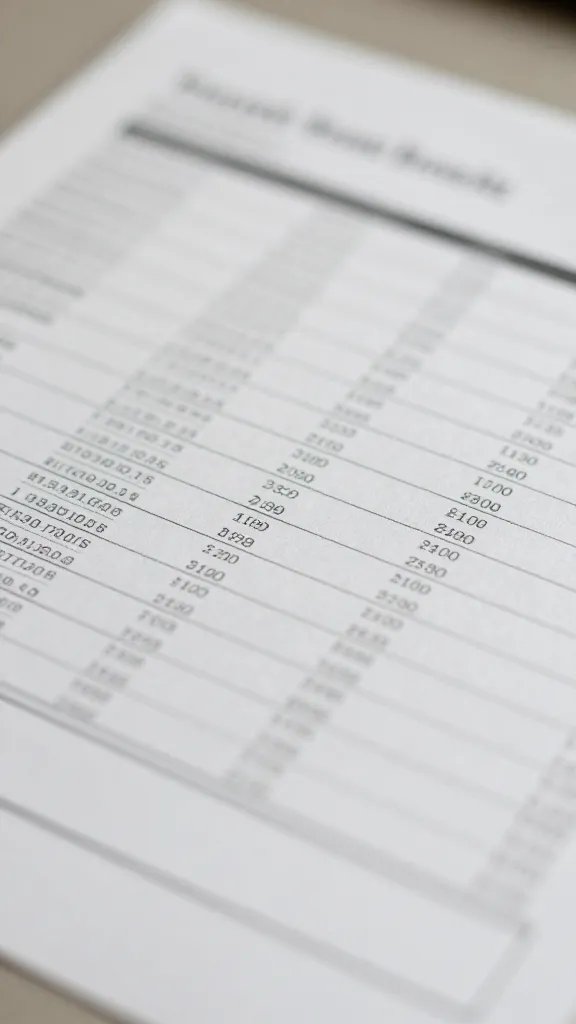 closeup of a travel budget document with faint numbers on a desk, neutral surface