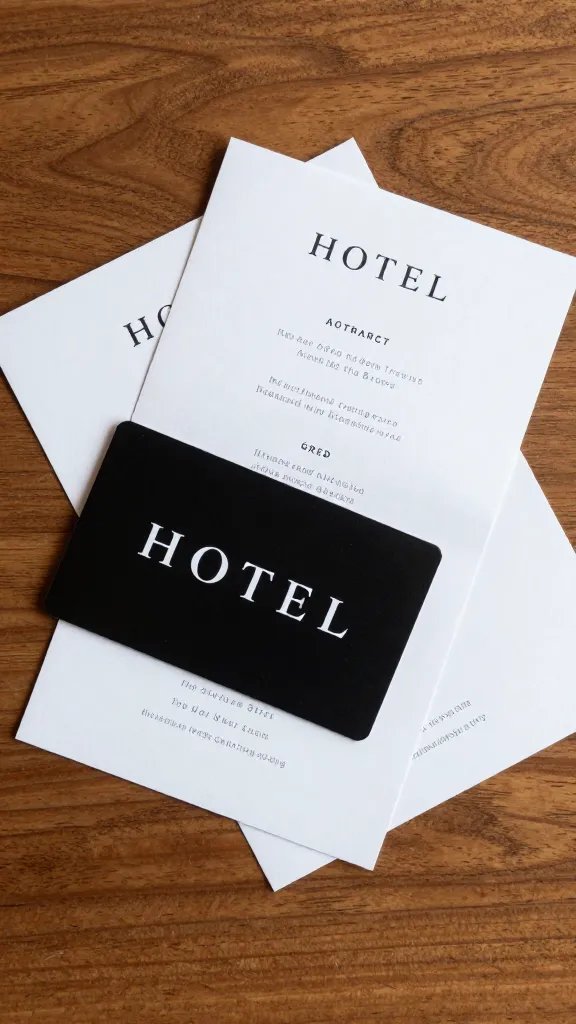 overhead view of a hotel key card and folded itinerary on a wooden table