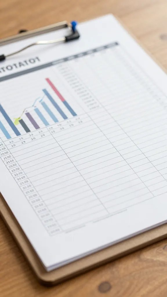 closeup of a shared budget sheet with graphs and pins on clipboard, wooden desk