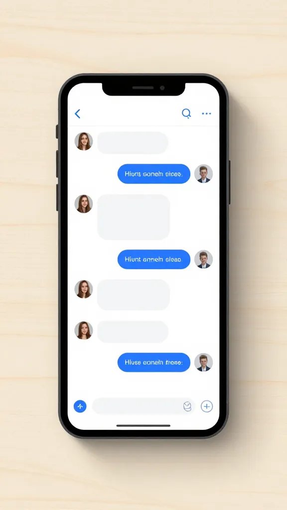overhead top-down view of a group chat smartphone screen with message bubbles on light wood background