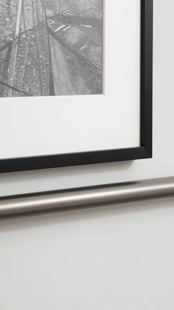 closeup of a low-profile picture rail with a framed artwork resting on it, wall background