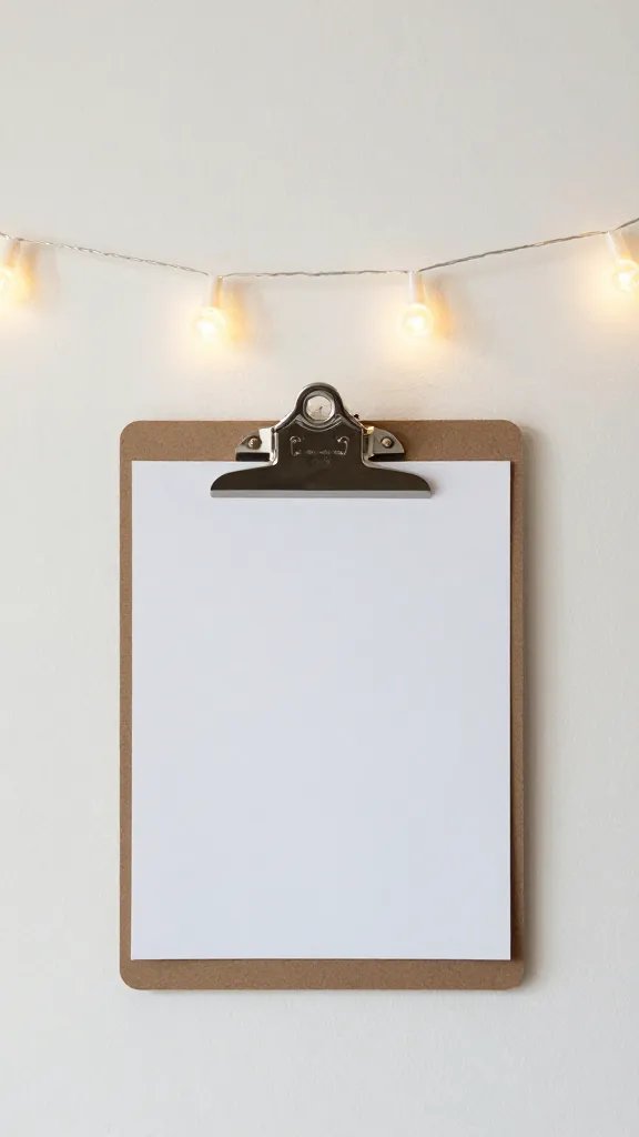 overhead shot of decorative string lights draped above a clipboard display on a wall, clean backdrop