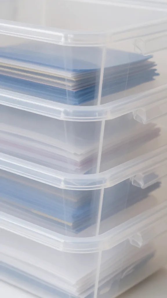 closeup of clear plastic bin with visible contents, organized by project