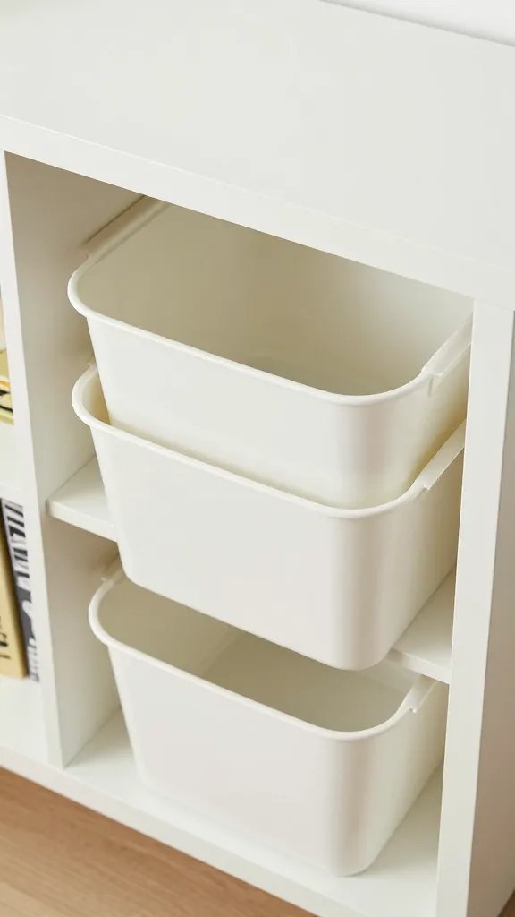 overhead top-down view of stackable tote organizers on a low bookshelf with bins