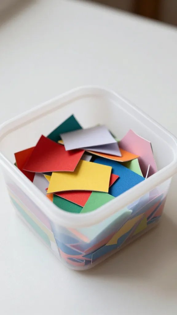 Closeup of a labeled bin for finished crafts with colorful pieces inside, plain table