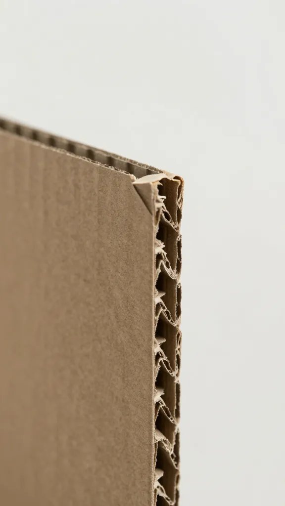 macro detail of corrugated cardboard edge with curled corner, simple background, natural soft light, shallow depth of field, clean neutral background