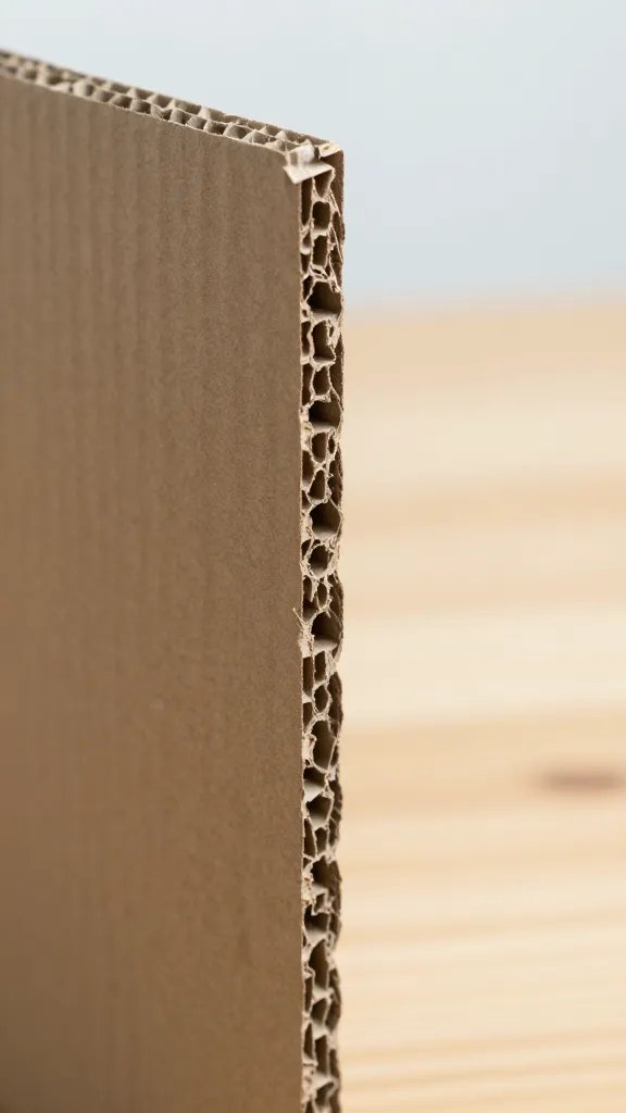 closeup of a cardboard sheet edge showing corrugation and texture, wooden desk background, natural soft light, shallow depth of field, clean neutral background