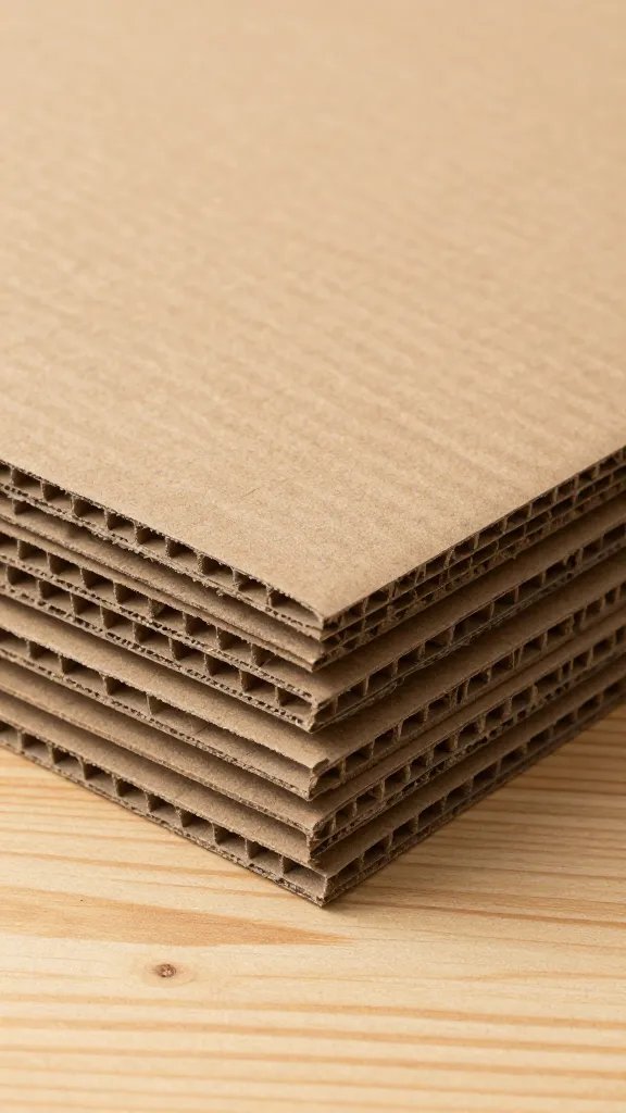 closeup of double-wall corrugated cardboard panel with clean edge, wooden table
