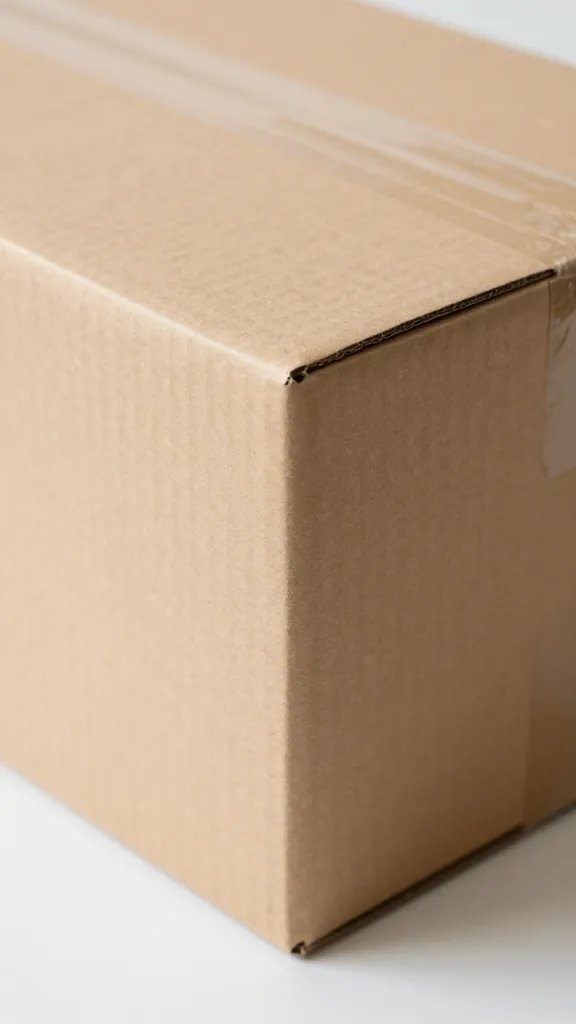 closeup of a clean cardboard box corner with tape residue on a table, natural soft light, shallow depth of field, clean neutral background