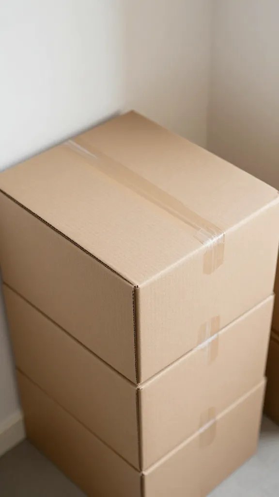 overhead top-down view of a stack of empty cardboard boxes in a quiet store corner, plain surface, natural soft light, shallow depth of field, clean neutral background
