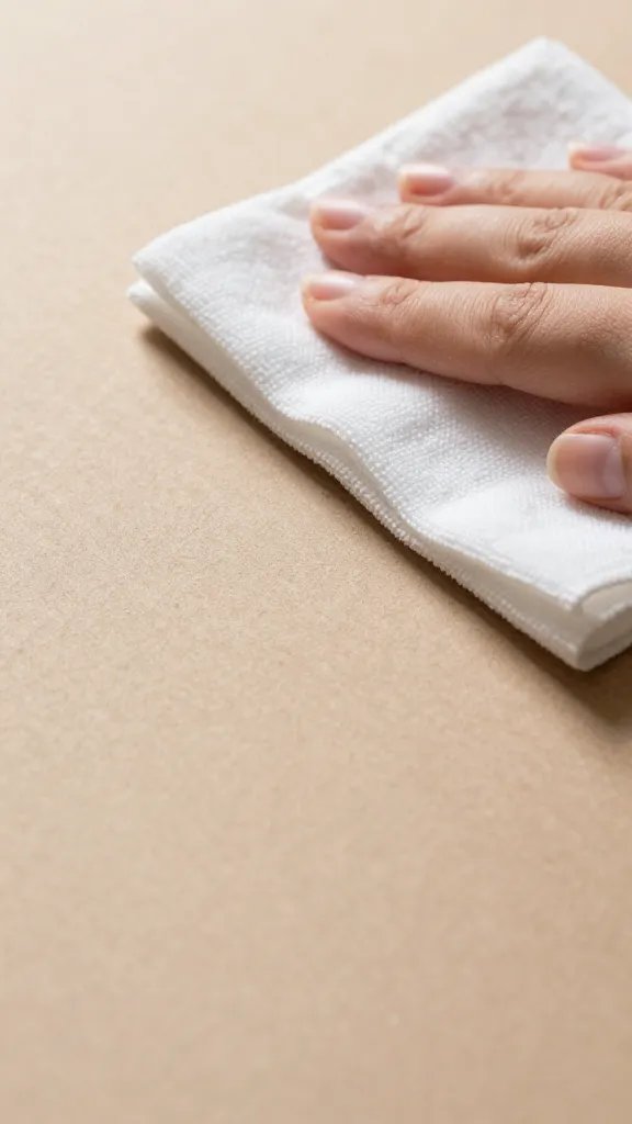 macro detail of damp cloth wiping a clean, dry cardboard surface, neutral surface