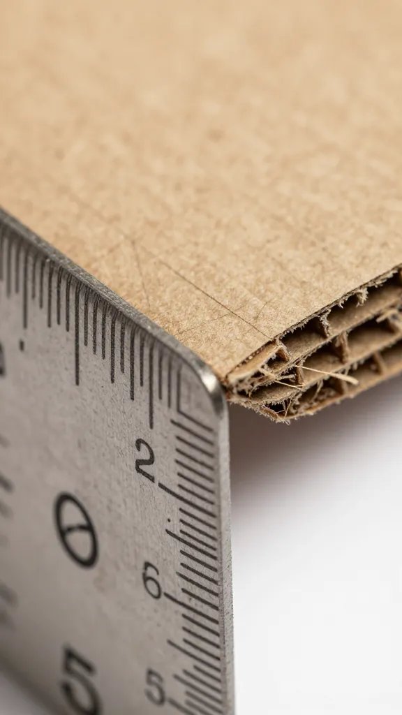 macro detail of a ruler’s edge meeting corrugated cardboard fiber, crisp line
