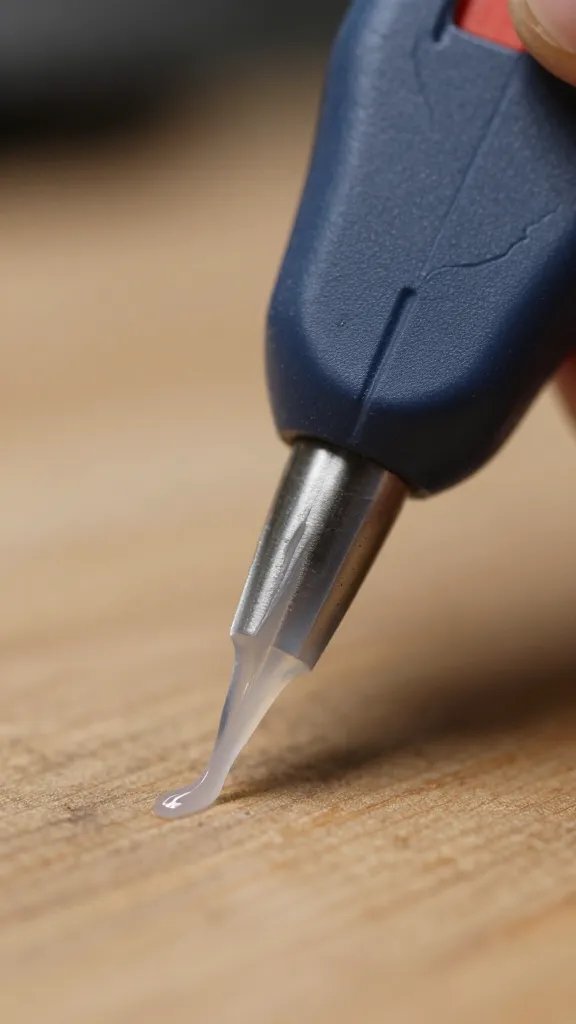 macro detail glue gun nozzle seeping clear adhesive on a workbench
