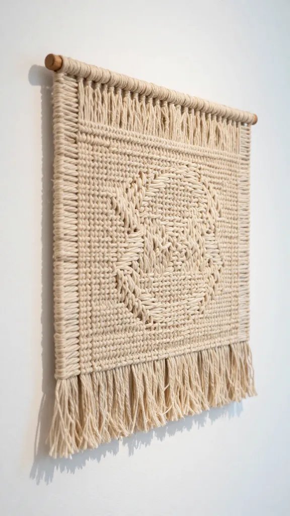 overhead top-down view of woven wall hanging with intricate fibers on white gallery wall, natural soft light, shallow depth of field, clean neutral background