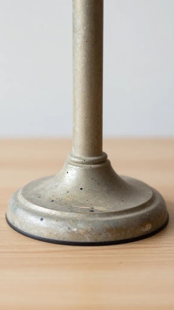 closeup of a repurposed lamp base with paint splotches on wood surface, natural soft light, shallow depth of field, clean neutral background