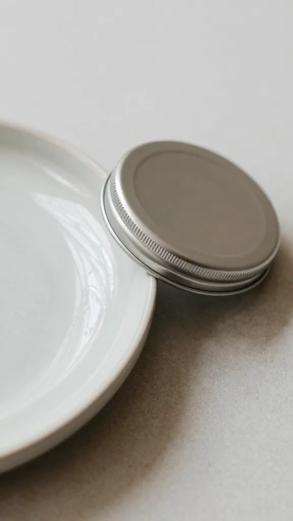 closeup of a glossy sealant can lid resting beside a handmade ceramic dish, neutral tabletop