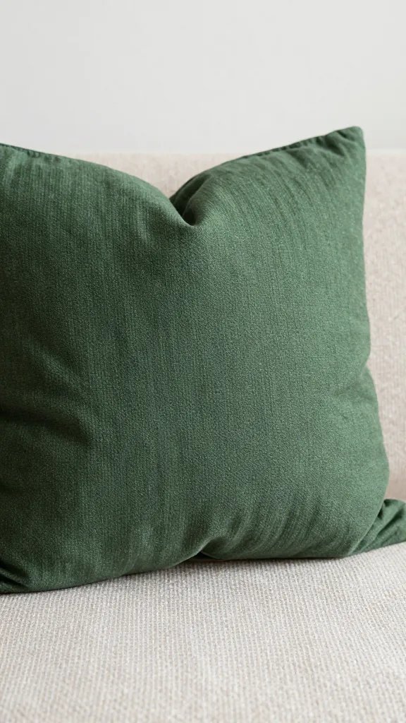 overhead view of a forest-green throw pillow resting on a woven textile, natural soft light, shallow depth of field, clean neutral background