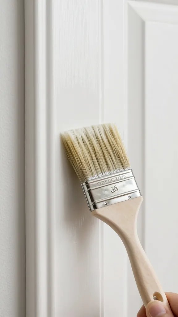 closeup of a high-quality paintbrush applying smooth semi-gloss trim finish on a door