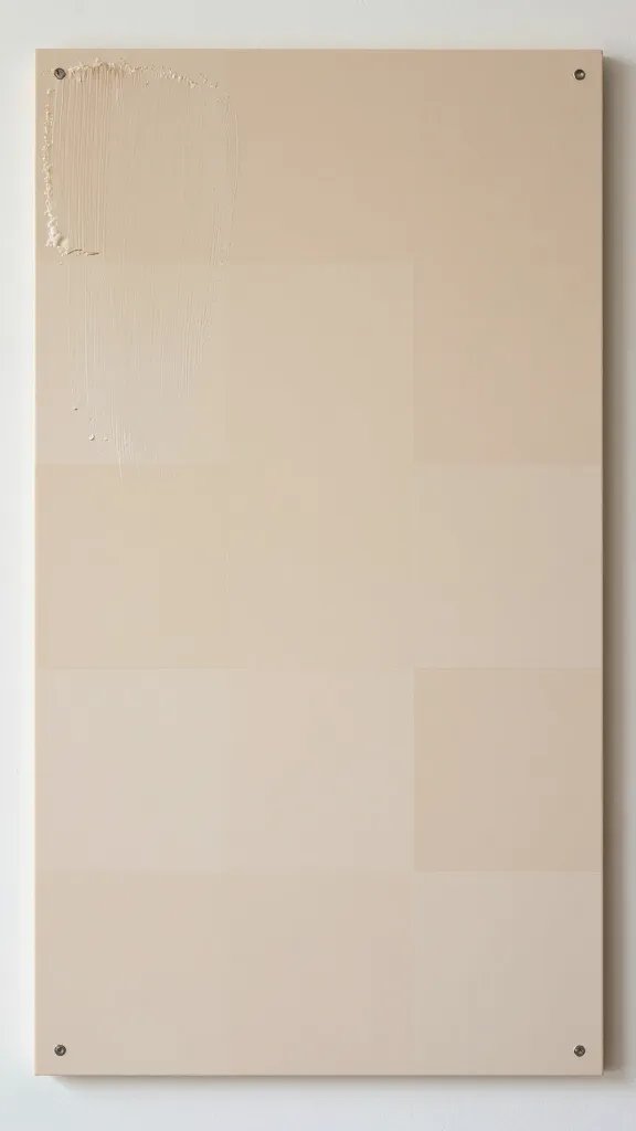 overhead shot of a matte-finish wall patch test board showing brush strokes on sample squares