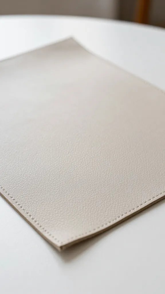 closeup of faux leather texture swatch with subtle grain on a white tabletop, natural soft light, shallow depth of field, clean neutral background