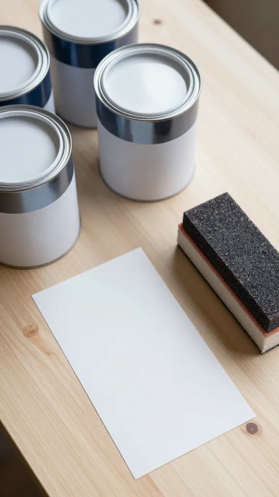 overhead top-down view of paint cans and primed surfaces with sanding block on a wooden workbench, natural soft light, shallow depth of field, clean neutral background
