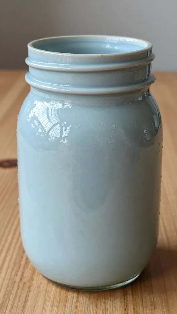 closeup painted mason jar with glossy finish on wooden table