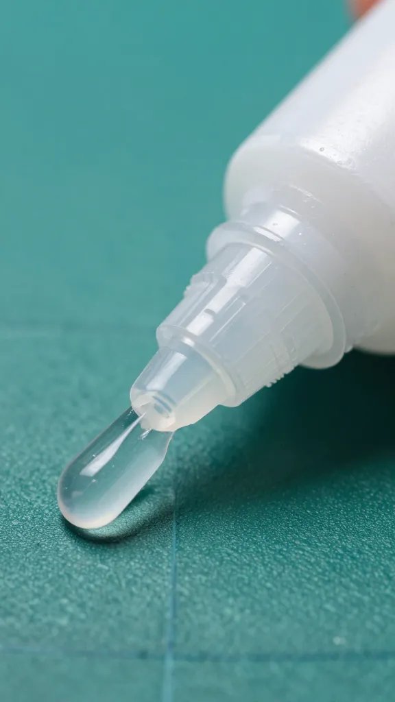 macro detail glue bottle with clear adhesive on craft mat