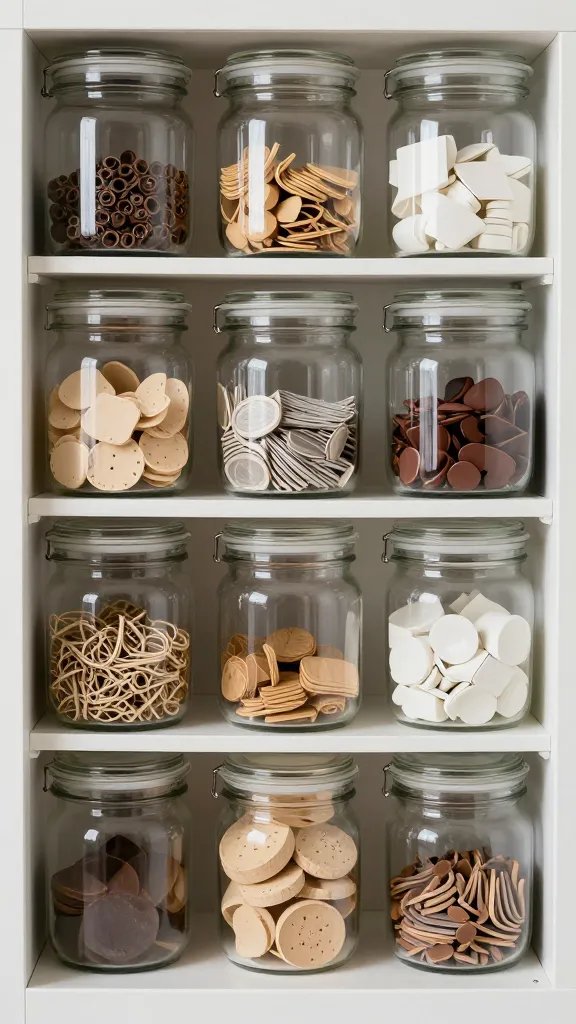 overhead top-down view of a jar-filled craft supply drawers in a compact cabinet