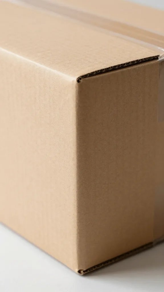 closeup of sturdy cardboard box with crisp folds and kraft texture, neutral surface, natural soft light, shallow depth of field, clean neutral background