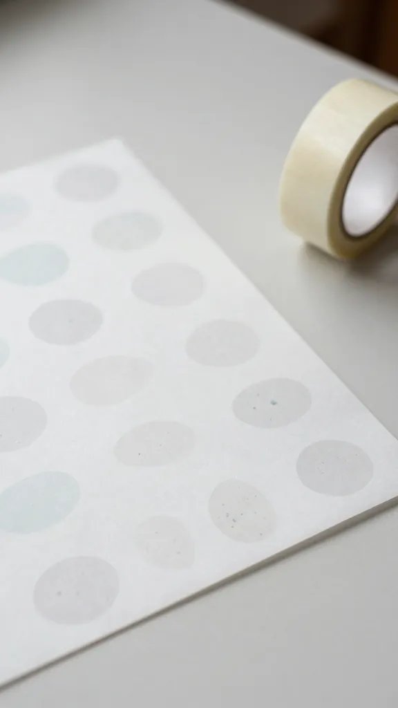 overhead top-down view of tissue paper, printed sticker, and packing tape arranged on a flat table, natural soft light, shallow depth of field, clean neutral background